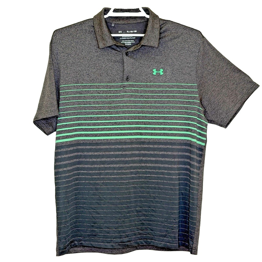 Under Armour The Playoff Polo Shirt Mens XL Gray Green Stripe Short Sleeve Golf